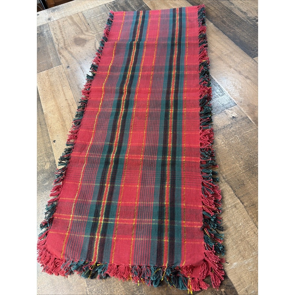 VTG Renaissance Plaid Table Runner Woven Red Green‎ Gold Fringe Holiday Festive